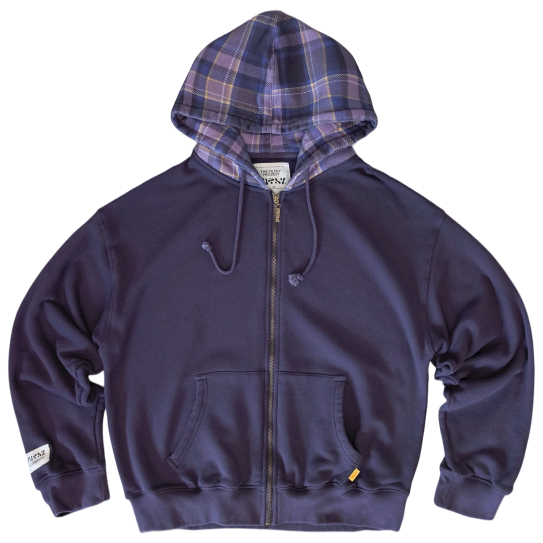 filthy® french terry plaid hooded zip-up (plum)