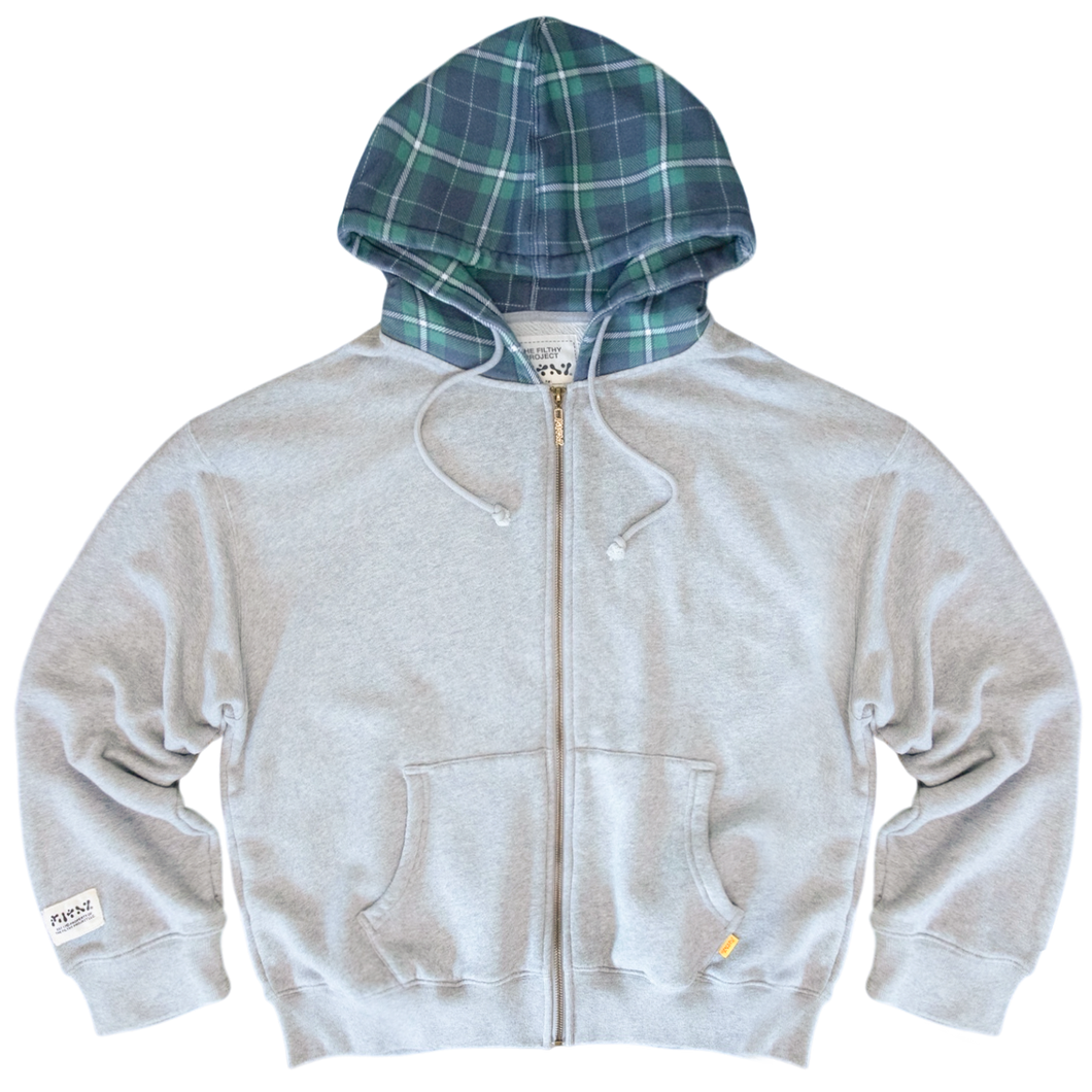filthy® french terry plaid hooded zip-up (grey)